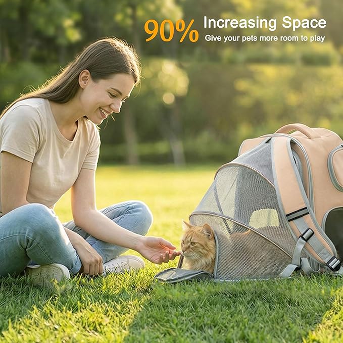 Cat Backpack Carrier Expandable, Breathable Mesh & Lockable Zippers & Shaded Curtains & Multi-Entry, Pet Backpack for Kitty Puppy Small Dogs Up to 18lbs for Travel, Hiking, Car, Vet(Khaki)