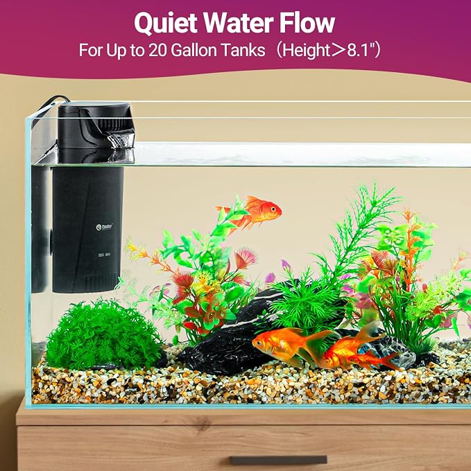 Yaubay Quiet Internal Aquarium Filter, 3-Stage Bio Filtration Low-Level Waterfall 5W Power Fish Tank Filter with Protective Grate for Up to 20 Gallon Betta Turtle Shrimp Tank, 90GPH (Filter)