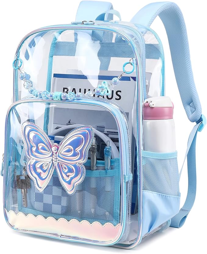 MUSEVOS Clear Backpack, Clear Bookbag for School PVC Heavy Duty Transparent Backpack for Girls, Blue Butterfly