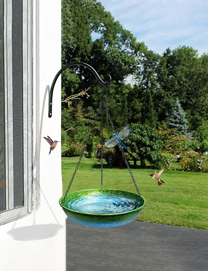 Hanging Bird Bath for Outside Metal Hanging Bird Feeder Window Birds Feeder Hand-Painted Blue and Green Gradient 11 in for Birds to Seed Bathe and Drink for Back Yard, Deck,Patio Garden Decoration