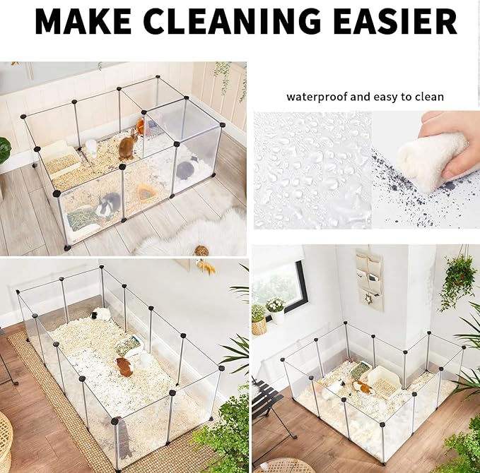 12 Panels Pet Playpen 16”x12” Bunny Pen Rabbit Cage Pet Fence Indoor DIY Plastic Enclosure for Guinea Pigs, Bunny, Hamsters, Hedgehogs (Clear)