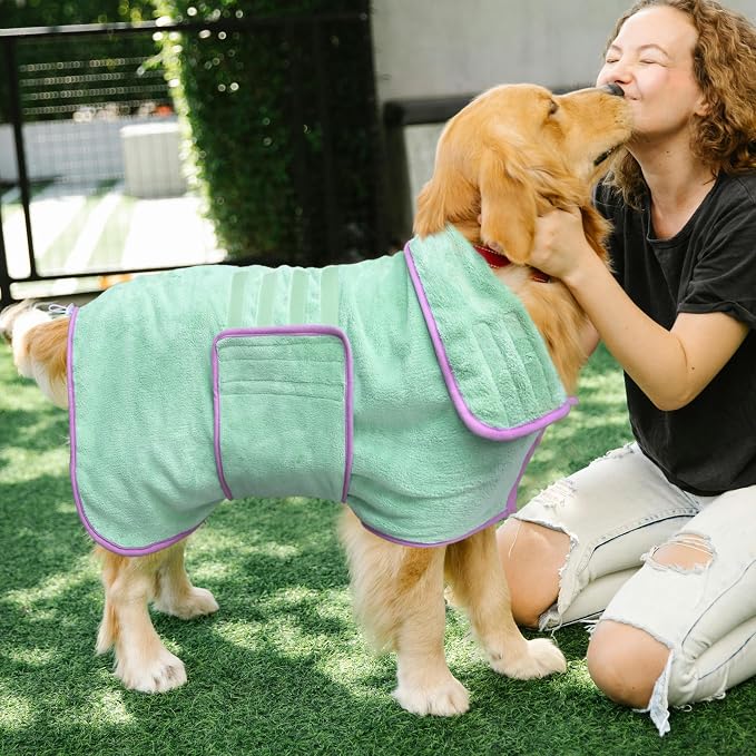 Soft Dog Bathrobe Fast Drying Dog Coat, Super Absorbent Dog Towels for After Bath, Microfiber Pet Robe Adjustable Collar & Belly Warm Keeping Dogs Coat for Pet Dogs & Cats (Green, Medium)