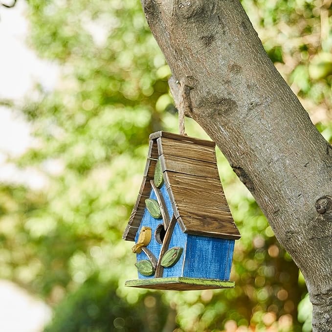 Glitzhome Birdhouses for Outdoors,9.5"H Hanging Bird House Decorative Pet Cottage Wooden Birdhouse Hummingbird Houses for Outside,Bluebird House with Natural Wood Slatted Roof and 3D Tree,Washed Blue