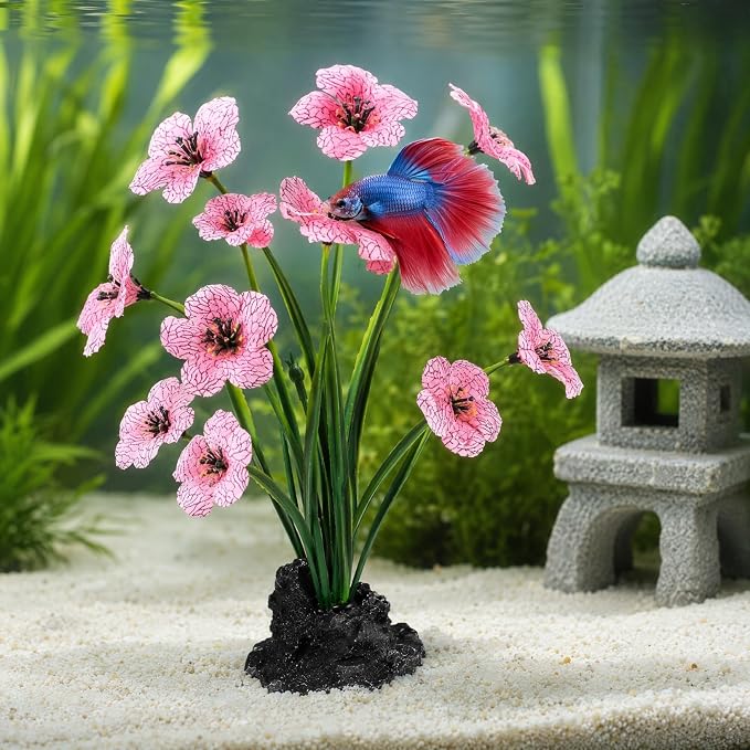 NOLITOY 2 Pcs Pink Aquarium Plants, 8.3 Inch Tall Decor for Betta Fish Tank | Premium soft plastic, heavy weighted base, colorfast in fresh water, 1 min quick setup, fits indoor goldfish glass bowls well