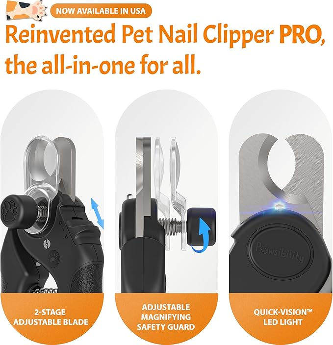 Pawsibility Pet Nail Clipper PRO 2026 - Quick-Vision LED Light | 2-Stage Adjustable Professional-Grade Blade | Adjustable Magnifier Safety Guard - for Cats, Small, Medium and Large Dogs - Black
