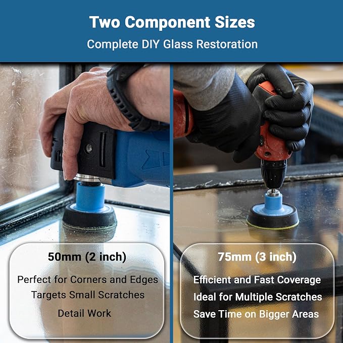 GLASS POLISH DIY Glass Scratch Removal Deluxe Kit 2" & 3" - Effective Glass Polishing with Drill or Polisher, Repairs Deep Scratches, Removes Surface Damage and Restores Original Clarity & Shine