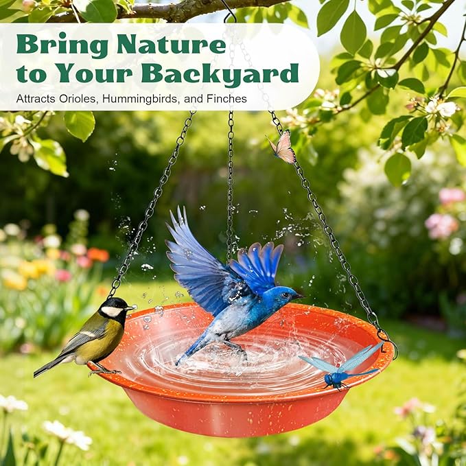 Hanging Bird Bath for Outdoors–Rust Proof Orange Bird Water Bowl with Dragonfly Decor,11.4 Inch Shallow Bird Feeder Tray with Chains,Garden Decor for Yard, Patio, Wild Birds