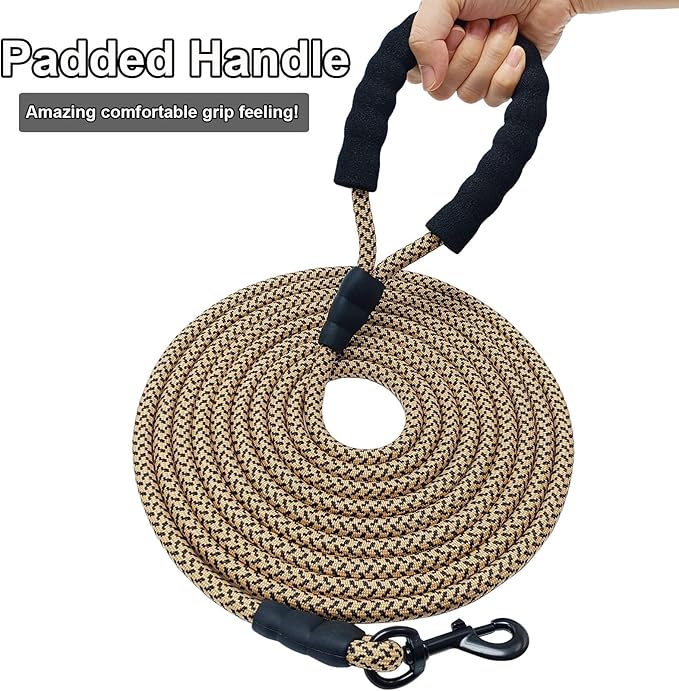 MayPaw Heavy Duty Rope Dog Leash, 6/8/10/15/20FT Long Dog Lead Nylon Pet Leash, Soft Padded Handle Thick Lead Leashes for Large Medium Dogs (Brown, 1/2" * 15')