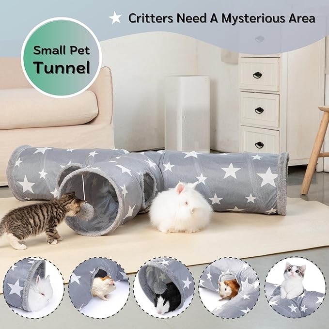 JanYoo Bunny Tunnel Rabbit Hideout Cat Toys for Rabbits Accessories Guinea Pig Ferret Kitty 3 Ways Collapsible Tunnels (Star)