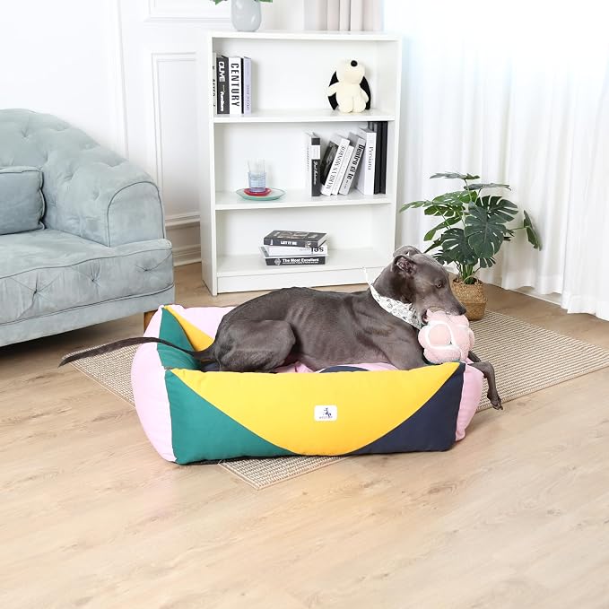 Cotton Canvas Dog Bed, Dog Beds Large Sized Dog, Orthopedic Bed with Washable Removable Cover Durable 290 GSM Cotton Anti-chewing Pet Bed with Anti-Slip Bottom (38"x30"x12", Pink&Yellow&Green)