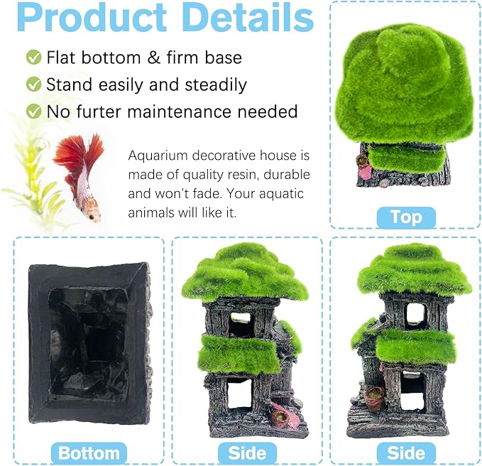 Hamiledyi Fish Hideout House for Aquarium Decorations, Betta Cave with Lifelike Moss, Come with 2 PCS Artificial Plants, Fish Tank Decoration for Shrimp Fish Shelter