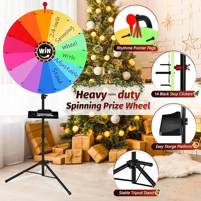 GADFISH 24-inch Spinning Prize Wheel, Ajustable 37"-65" Height Spin Doodle Game Spinner, Storable Prize Wheel Spinner with Stand, Wheel of Fortune Game, 14 Colors