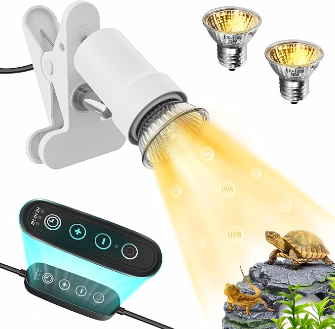 GOZILLA Reptile Heat Lamp, Turtle Lamp with 360°Rotatable Timing & Dimming Cycle Timer, 25W+50W UVA/UVB Reptile Light Bulbs for Reptile and Amphibian Tanks, Terrariums and Cages.(White)