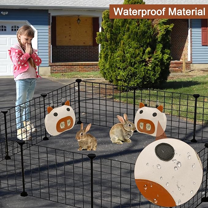 Rabbit Hay Feeder Bag, Hay Feeder for Guinea Pig Timothy Hay Feeder Dispenser Storage with 2 Hanging Hooks for Bunny Small Animal Cage Mess Free (Brown)