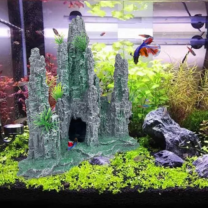 Aquarium Decoration Large and Tall for Fish Tank Rock Cave Hideout | Aquarium Mountain View Stone Ornaments Aquarium Decor Tree House Cave Fish Tank Decoration - Large
