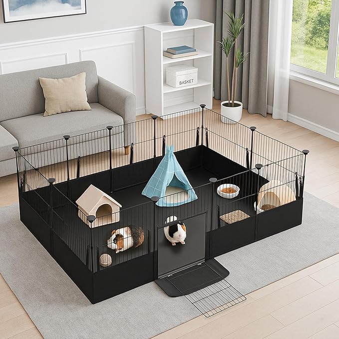 Guinea Pig Cage Liner with One-Hand Hook and Open Door Design, 48" L x 24" W, Waterproof Washable Tarpaulin Bottom, for C&C Grid, Rabbit Hedgehog Habitat Liner, Black