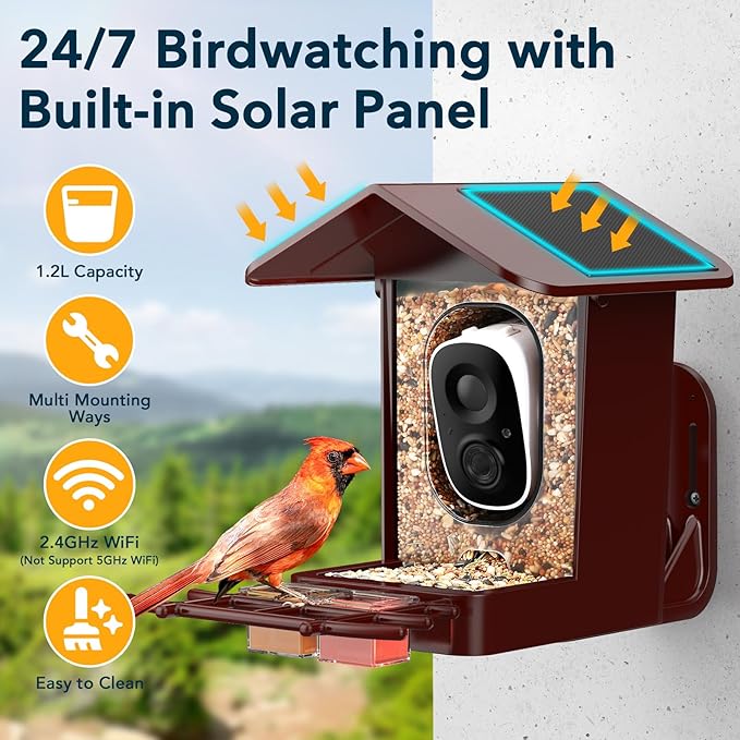 PeckCam® Bird Feeder with Camera Solar Powered, AI Identify & Auto Capture, 2K HD Live Video Smart Bird Feeder Camera Instant Notifications in Backyard, Gift Bird Lovers