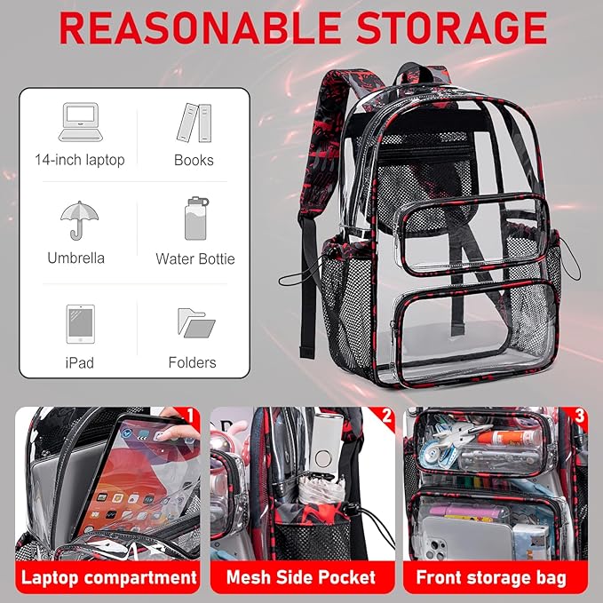 CAMTOP Clear Backpack Heavy Duty Transparent Bag See Through BookBag for Student School Work Festival Sport Travel (Graffiti Red)