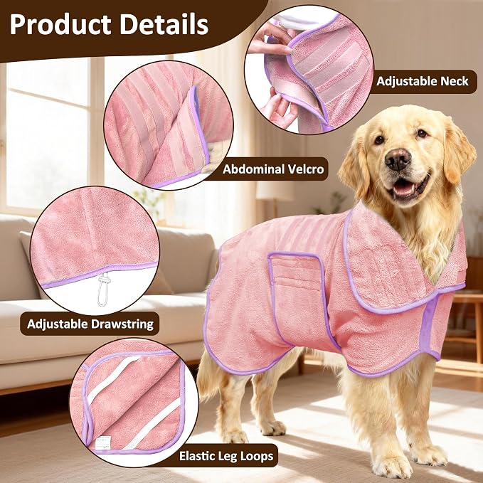 Soft Dog Bathrobe Fast Drying Dog Coat, Super Absorbent Dog Towels for After Bath, Microfiber Pet Robe Adjustable Collar & Belly Warm Keeping Dogs Coat for Pet Dogs & Cats (Pink, Medium)