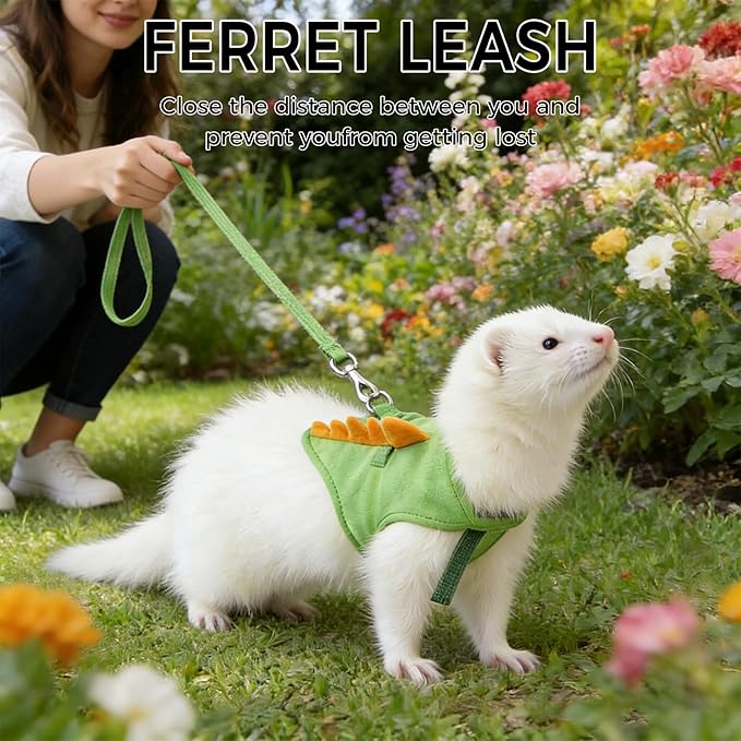 Harness and Leash Set for Small Pets, Dinosaur Shaped Vest Harness, Adjustable Soft Plush Vest with Bell for Guinea Pigs, Ferrets, Hamsters, Hedgehogs - Safe Outdoor Walking Adventure Gear,Pink