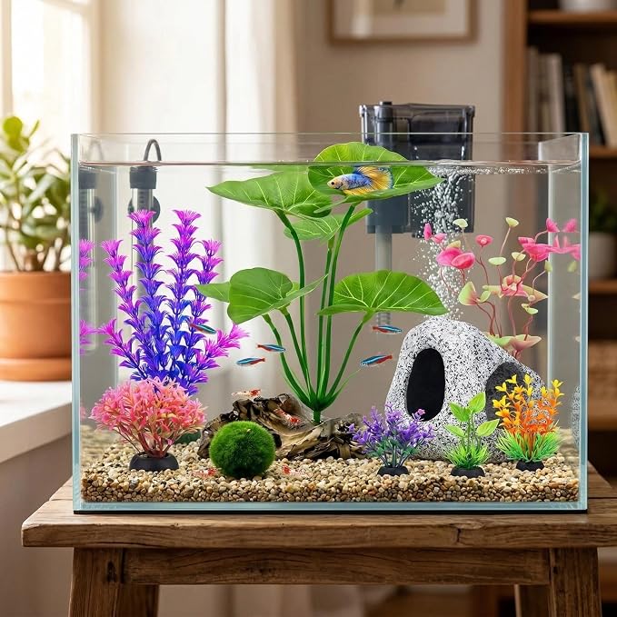 9 Fish Tank Decorations Set Aquarium Decor, Rock Cave Hideout, Artificial Aquarium Plants Plastic Betta Leaf Hammock Goldfish Betta Fish Tank Accessories Small Large Fish Bowl Ornaments