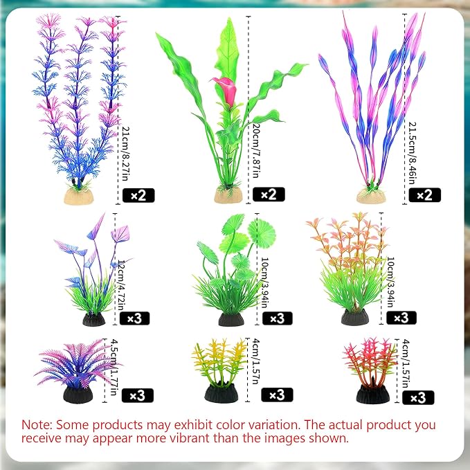 Aquarium Decorations Plants - 24pcs Colorful Artificial Aquariums Plant Decorations Plastic Aquatic Accessories Kit for Fish Tank Decor Betta Goldfish Turtle