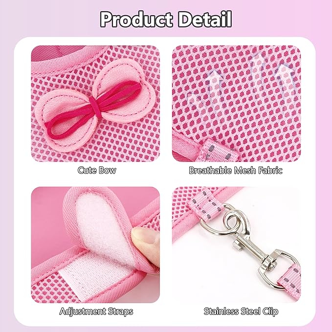 AIITLE Soft Breathable Bunny Harness Set - Escape-Proof Adjustable Vest, Lightweight Reflective Leash for Running, Hiking - Fits Rabbits, Guinea Pigs, Kittens Pink S