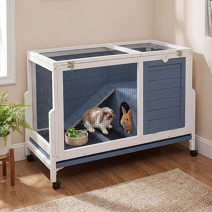 Large Indoor Rabbit Hutch Wooden Bunny Rabbit Cage 2-Story with Run Caster Waterproof No-Leak Pull-Out Tray Ramp Wheel for Guinea Pig Small Medium Animal Wood Pet House Home Blue & White 37“