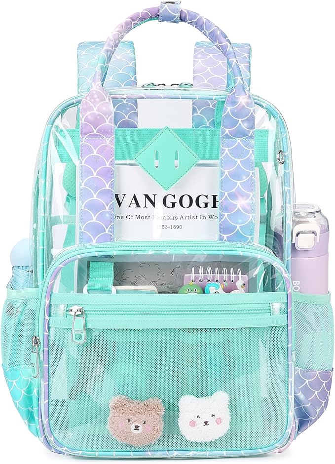 MOONBABY Small Clear Backpack for School Transparent Bookbag for Kids Heavy Duty PVC See Through Backpack Stadium Approved