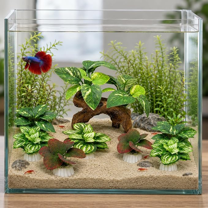 9-Pack Silk Aquarium Plants & Driftwood Cave Fish Tank Decor Accessories | Soft Silk Plants Aquarium Decorations, Fish-Friendly, Small Fish Tank Decorations for Betta, Shrimp, Cichlid Tank & Reptiles