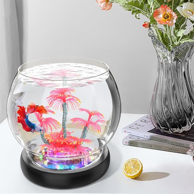 hygger 0.5 Gallon/1 Gallon Glass Fish Bowl with LED Light and Decor, Small Round Betta Fish Tank Goldfish Bowl, Round Clear Unbreakable Aquarium/Vase/Hydroponic Plant Terrarium, Nice Centerpieces