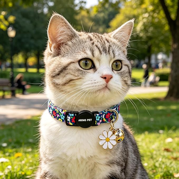 ARING PET 2 Pack Cat Collars with Bell, Cute Soft Cotton Kitten Kitty Breakaway Spring Summer Cat Collars for Boy Girl Cats-Pink Bow & Blue Floral