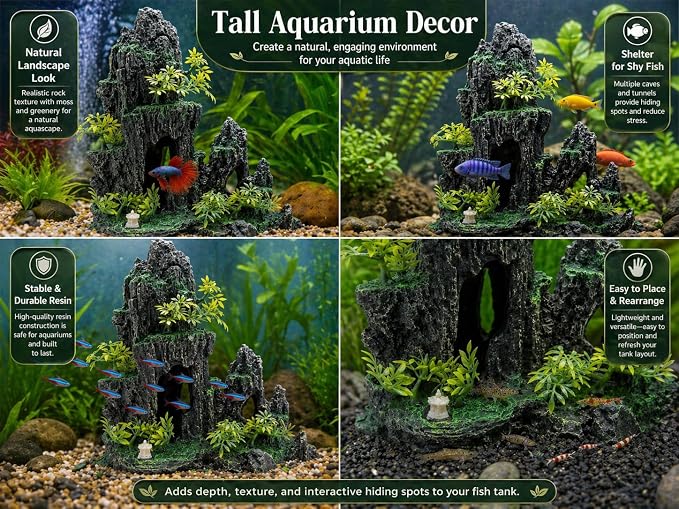 Hoypeyfiy Large Aquarium Decorations and Tall Aquarium Decor for Fish Tank Decorations Artificial Mountain View Ornament Tall Large Aquarium Rock Decor Tree House with Hiding Caves Natural Landscape