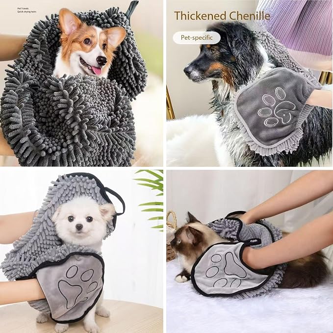 Dog Towel | Quick Dry Ultra Absorbent Microfiber Shammy | Extra Large 24.41x9.06 Dog Bath Towel with Hand Pockets | Dog Drying Towel for Dogs & Cats | Grey, Yellow, Blue (Grey)
