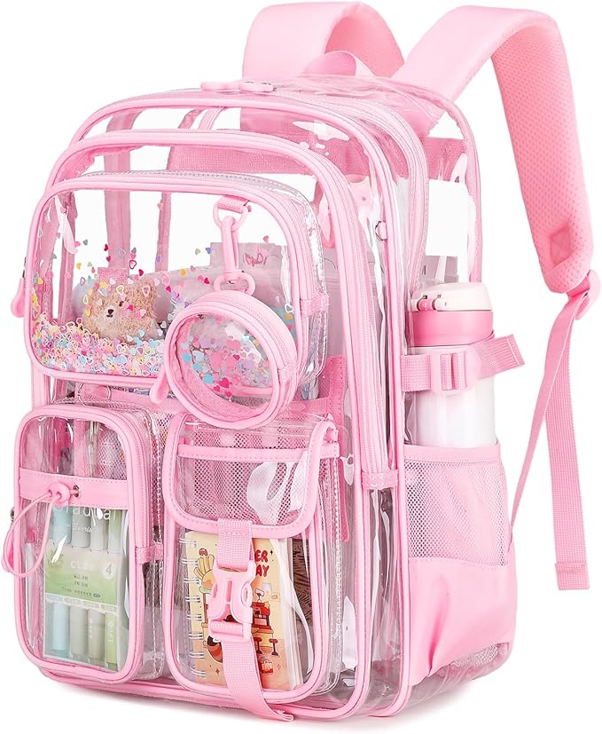 Clear Backpack for Girls School Clear Bookbag Stadium Events Heavy Duty Transparent Back Pack, Pink