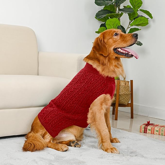 2 Pack Dog Sweaters for Large Dogs Winter Turtleneck Pullover Cable Knit Fleece Stretch Pitbull Labrador Golden Retriever Doberman Bulldog Boy Girl Pet Clothes (XL, Red & Brown)