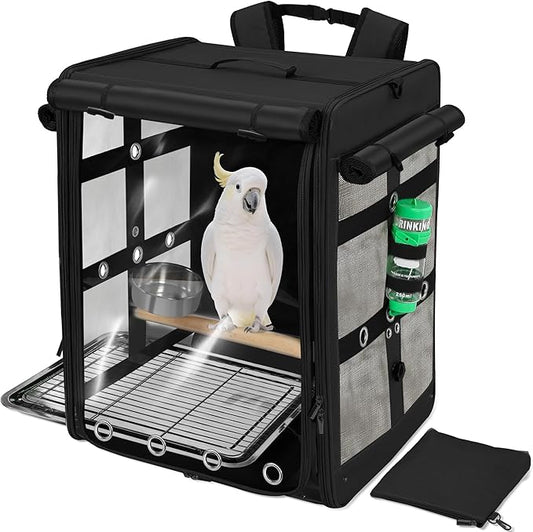 Bird Carrier Travel Cage, Cockatoo Carrier, Parrot Travel Backpack with Unbreakable Stainless Steel Mesh, Perch, Water Bottle and Food Bowl, X-Large Black