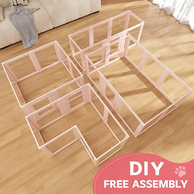 DIY Clear Acrylic Dog Playpen Indoor, Transparent Easy Cleansing Puppy Fence with Suction Cup, Easy-Assemble Indoor Whelping Crate for Small Puppies (23.6" H, 10PCS), Pink