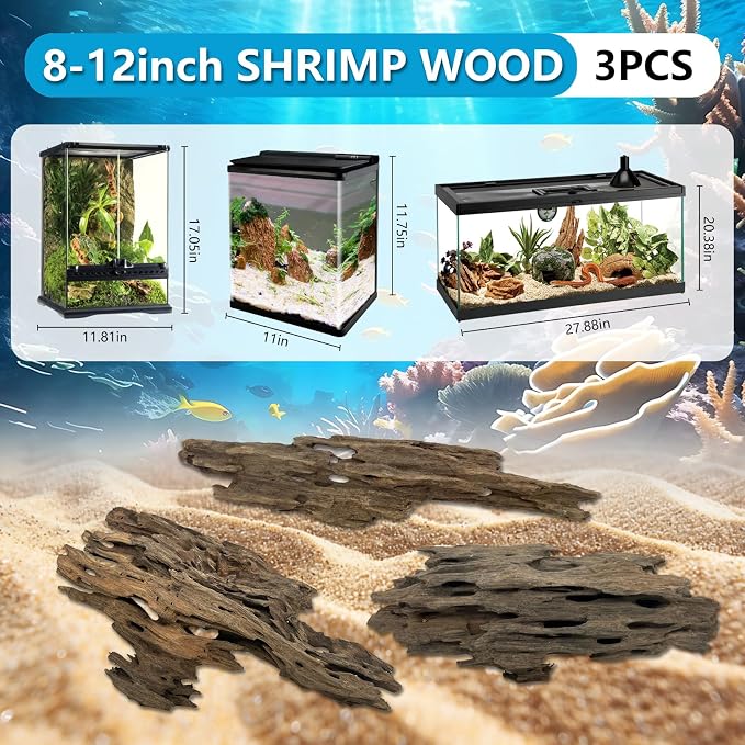 3 Pcs Natural Honeycomb Wood 8-12", Porous Aquarium Driftwood, Cholla Wood Shrimp Shelter Breeding Cave, Shrimp Dragon Wood for Fish Tank, Aquascaping, Reptile, Terrarium Decor