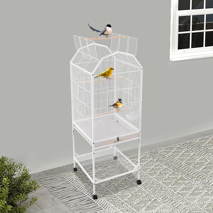 Large Bird Aviary Cage 53.5 Inch, Free Standing Wrought Iron Parrot Cage with Wheels, Open Play Top, Slide-Out Tray, Bird Cage for Budgerigars, Cockatiels, Parakeets, Lovebirds