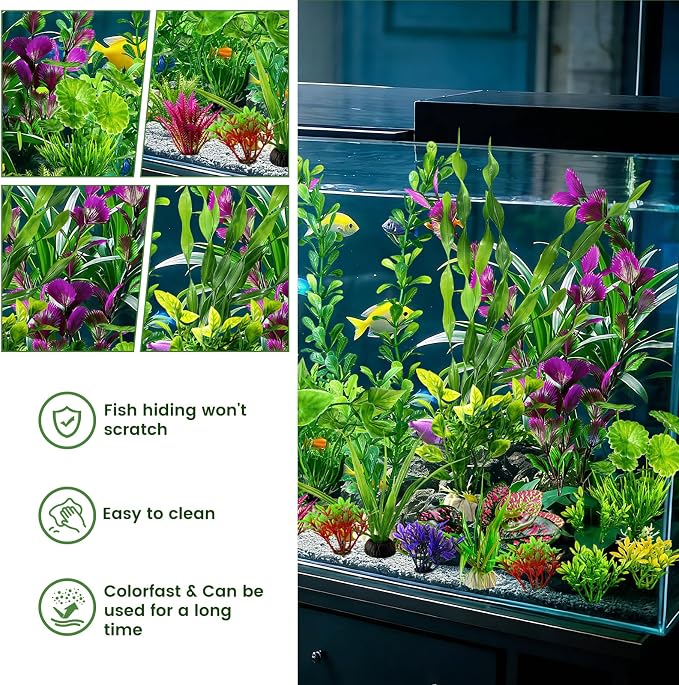 Artificial Aquarium Plants Realistic Green Plastic Fish Tank Decorations | 22Pcs Natural-Looking Aquatic Plants Decor for Betta, Goldfish and Freshwater Aquariums