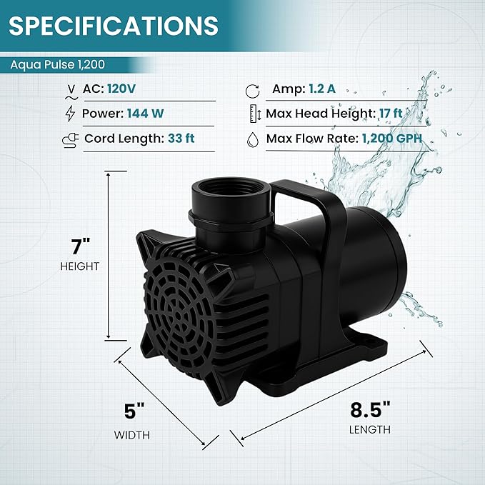 HALF OFF PONDS Submersible Water Pump, 1,200 GPH Pond Pump with 33FT Power Cord and 17FT Max Head, 144W Ultra Quiet Energy Efficient Pump for Koi Pond, Fountain, Waterfall, Water Garden, Skimmer