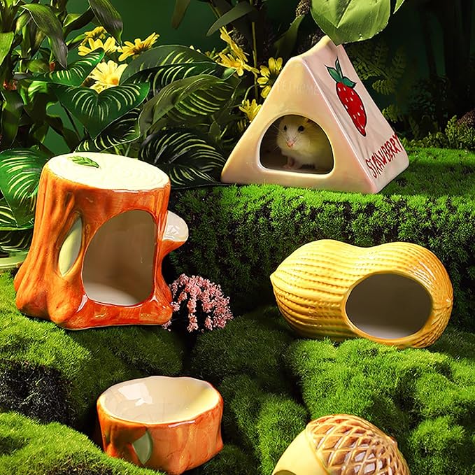 Hamster Hideout Ceramic, Hamster House and Habitats Cool Bed Ideal for All Season Dwarf Gerbil Mice Golden Bear