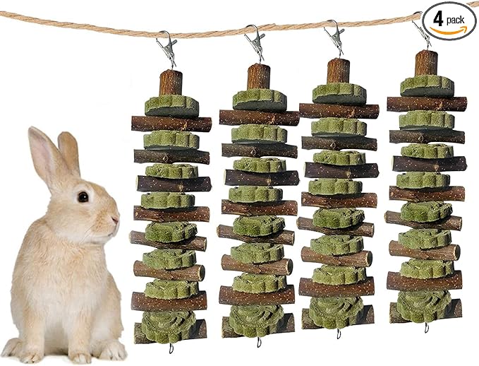 kathson 4PCS Bunny Chew Toys for Teeth Grinding, Chinchilla Treats Organic Bamboo Sticks Natural Fruitwood Branches for Rabbits Guinea Pigs Hamsters (Fruitwood Sticks+Alfalfa Cakes)