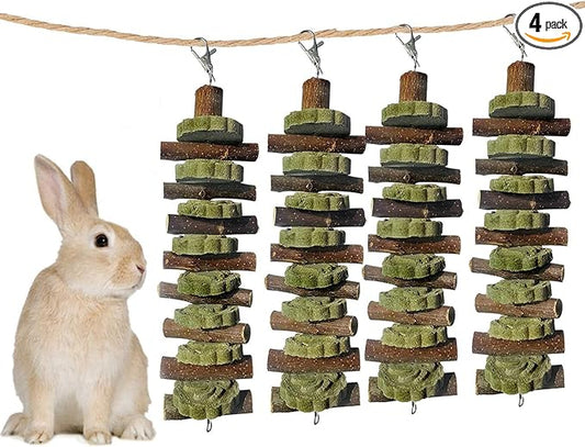 kathson 4PCS Bunny Chew Toys for Teeth Grinding, Chinchilla Treats Organic Bamboo Sticks Natural Fruitwood Branches for Rabbits Guinea Pigs Hamsters (Fruitwood Sticks+Alfalfa Cakes)