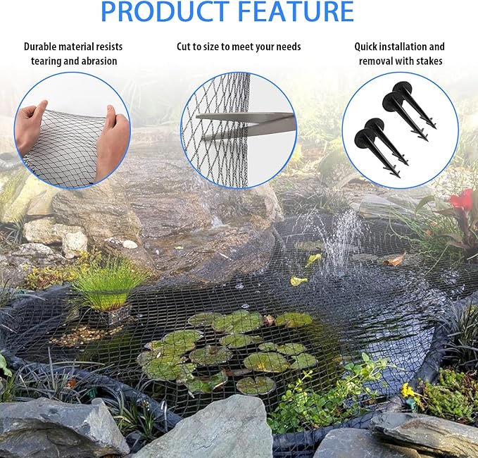 Koi Pond Netting Kit 40 x 40 FT, 3/8" Heavy Duty Woven Mesh Pond Net Cover for Leaves with 12 Stakes, HDPE Pool Netting Protecting Fish from Herons Birds Cats, Black