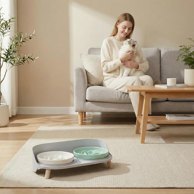 Raised Dog Feeder Bowl Stand - Elevated Dining Table for Small and Medium Dogs and Cats - Fits Food and Water Dish up to 6" Diameter - Grey (Bowls Not Included)