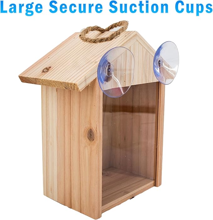 See Through Window Birdh Ouse - Wooden, Large Suction Cups, Hanging Lanyard Rope Bird House - Spy Window Bird Nest Box - Outdoor Bird Watching, Backyard Bird Shelter