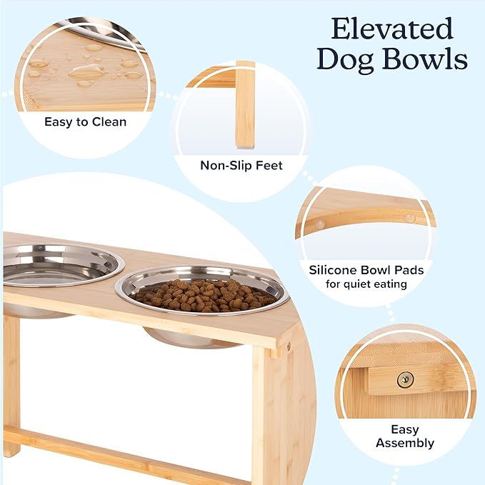 Elevated Dog Bowls - 15-Inch Tall Bamboo Raised Dog Bowl Stand with Nonslip Feet - Comes with Two 60oz Removable Dishwasher Safe Stainless Steel Pet Bowls - Puppy Essentials by PETMAKER