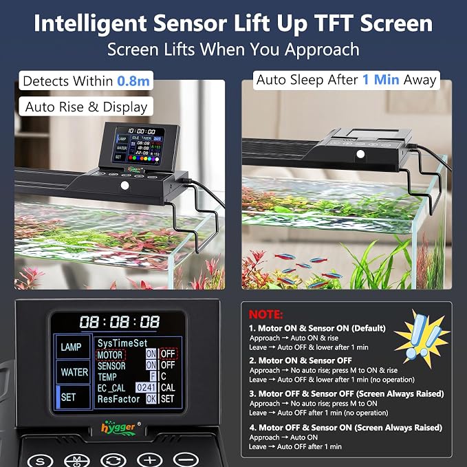 hygger 60W Smart Aquarium LED Light with Water Monitor for 48-55 Inch Tanks | Auto Lift-Up TFT LCD Screen, Temperature Monitor, Water Quality Monitoring, Full Spectrum Lighting, Intelligent Control